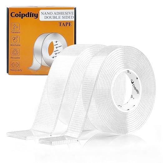 Double Sided Tape Heavy Duty for Wall Decor No Damage to Paint,Clear Removable Mounting Tape,Nano Two Sided Adhesive Tape,Picture Hanging Strips for Posters, 2Rolls(1.18inx6.5FT+0.39inx6.5FT)-Grid