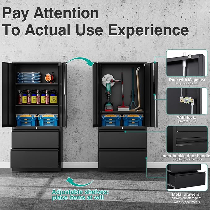 Black Metal Storage Cabinet with Drawers and Lock,Locking Steel Storage Cabinet with Doors and Shelves,71" Office File Cabinets for Home Office,Warehouse,Garage,School (Black, 2 Drawers)