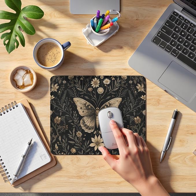 Moody Floral Gothic Butterfly Mouse Pad, Dark Academia Cottagecore Botanical Moth Mouse Pads Mousepad for Home Office Dorm Computers Laptop, Gothic Office Supplies Desk Accessories, 9.5x7.9 Inch