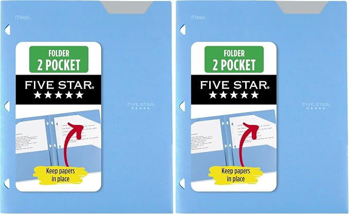Five Star 2-Pocket Folder,Plastic Folder with Stay-Put Tabs,Fits 3-Ring Binder,Holds 8-1/2" x 11" Paper,Pacific Blue (333420C-ECM),(Pack of 2)