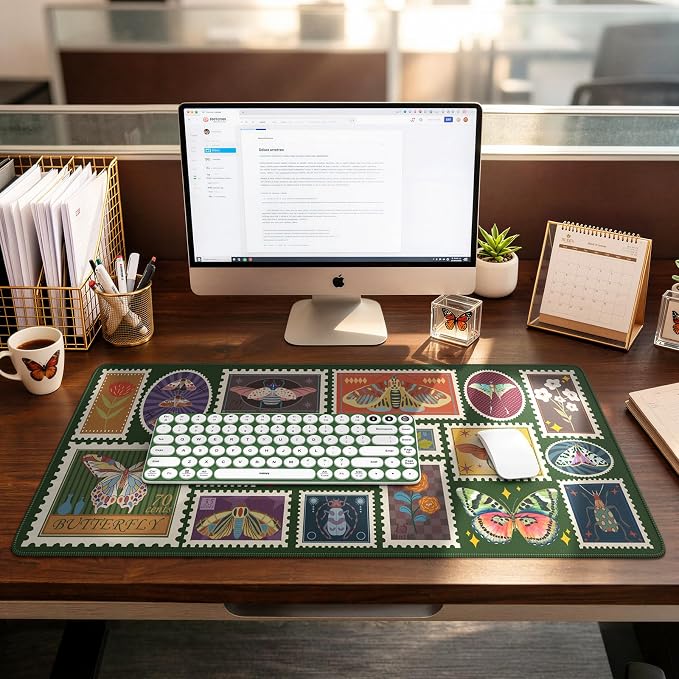 iCasso Vintage Desk Cover Mat, XXL Large Butterfly Mouse Pad, Olive Green | Desk Matt for Desktop Protector, Anti-Slip Mousepad with Stitched Edges for Laptop Computer Keyboard