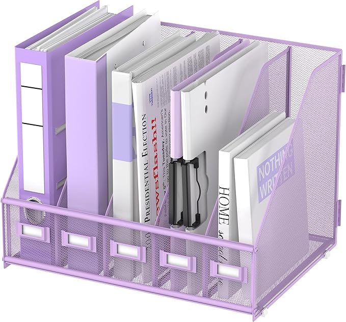 Desk Organizers Metal Desk Magazine File Holder with 5 Vertical Compartments Rack File Organizer for Office Desktop, Classroom, Home Workspace, Purple Plus
