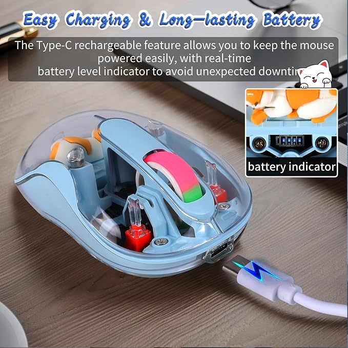 elec Space Cute Wireless USB C Mouse - Bluetooth Triple Mode Rechargeable Cartoon Mouse for Laptops, iPads & MacBook Air/Pro - Silent Operation, Portable Design, Unique Magnetic Character (Blue)