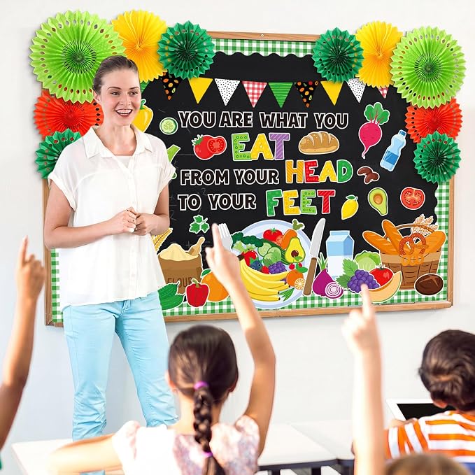 77 Pcs Cafeteria Bulletin Board Decorations with 3D Paper Fans | Nutrition Classroom Bulletin Board Set, Healthy Plate Fruit Vegetable Cutouts, Back to School Wall Door Decor Supplies