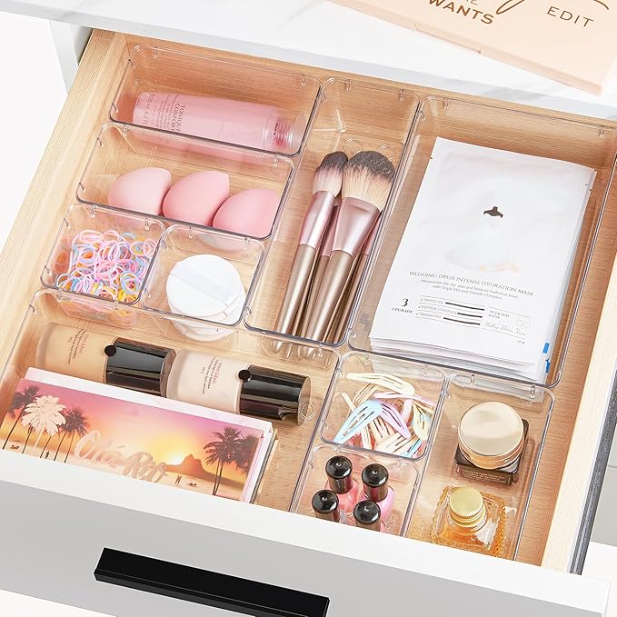 Vtopmart 66 PCS Clear Plastic Drawer Organizers Set, Vanity Organizer Trays | 4-Size Versatile Makeup Organizer, Non-Slip Storage Containers for Makeup, Jewelries, Bedroom，Kitchen Utensils and Office