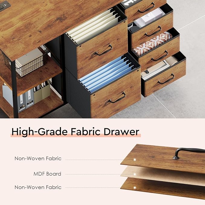 6 Drawer File Cabinet with Charging Station and Open Storage Shelf | Rustic Brown2, Rolling Printer Stand Fabric Lateral Filing Cabinet for Home Office