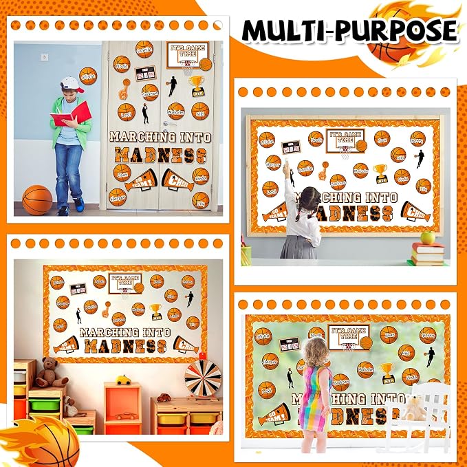 Basketball Bulletin Board Set Sports Classroom Decoration Let The Madness Basketball Paper Cutouts Sport Border for Back to School Bulletin Board Background Chalkboard Wall Door Decor Game Supplies