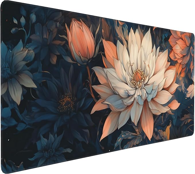 Floral Aesthetic Lotus Gaming Mouse Pad, Blue Pink Japanese Desk Mat with Anti-Slip Base & Stitched Edges, Office Supplies & Desk Decor for Women, 35.4" x 15.7" in Home Office Essentials
