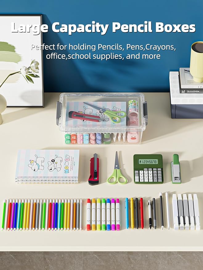 BiuLeon 4 Pack Extra Large Pencil Box, Plastic Pencil Case Organizer, Clear Crayon Box Marker Organizer, Stackable Craft Organizers and Storage for Pen, Craft, Art Supply(Blue)