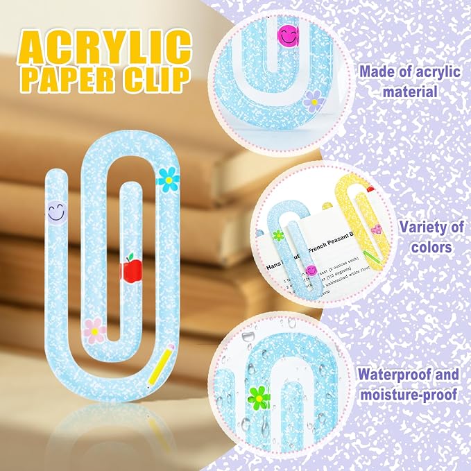 20 Pcs 4 Inch Teacher Jumbo Paper Clips | Teacher Appreciation Gifts Acrylic Bookmark Set for Notebooks and Pagination, Office and Classroom Supplies