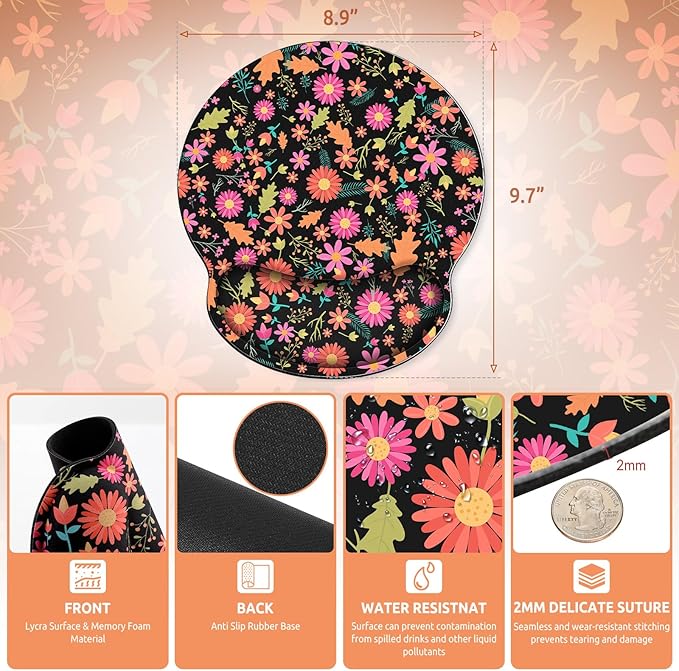 Ergonomic Mouse Pad with Wrist Rest, Small Mousepad with Non-Slip Rubber Base and Smooth Surface, Black Flowers Mouse Pads for Desk, Office Desk Accessories