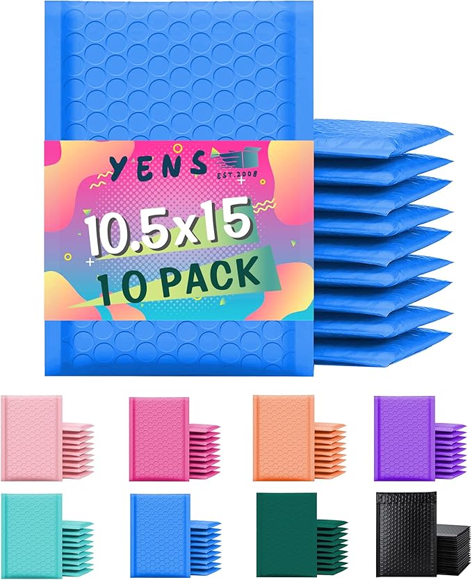 Yens Poly Bubble Mailers 10.5x16 10 Pack Blue Waterproof Self Seal Adhesive Shipping Bags, Cushioning Padded Envelopes for Shipping, Mailing, Packaging Usable 10.5x15