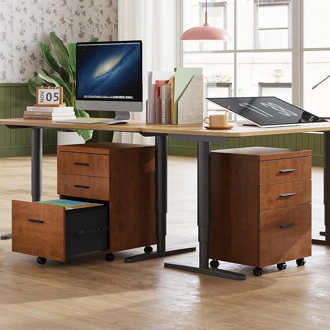 DEVAISE 3 Drawer File Cabinet, Wood Under Desk Filing Cabinet, Walnut | Rolling Printer Stand, Small Storage Cabinet with Wheels, Fits Legal/Letter/A4 Size, Home Office