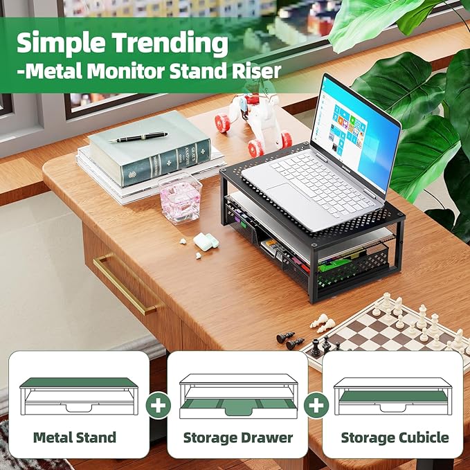 Simple Trending Metal Monitor Stand Riser and Computer Desk Organizer with Drawer for Laptop, Computer, iMac, Black | 16"W x 10"D x 6.25"H. Sturdy Metal Frame. 2-tier + drawer. Holds 66 lbs. Anti-slip. Fits laptop, monitor, iMac. Easy assembly