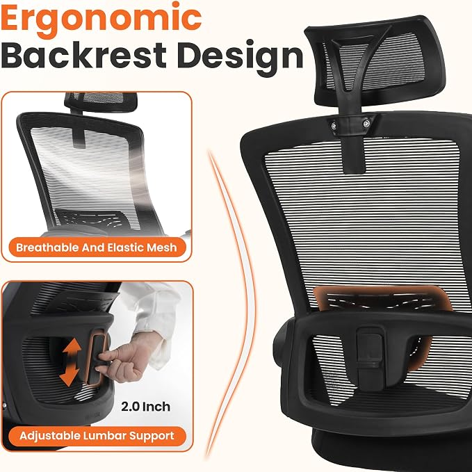 NEO CHAIR Office Desk Chair with Ergonomic High Back Mesh Headrest, Black | Adjustable Headrest and Lumbar Support with Flip-Up Armrests Designed for Extended Sitting Comfort While Saving Space