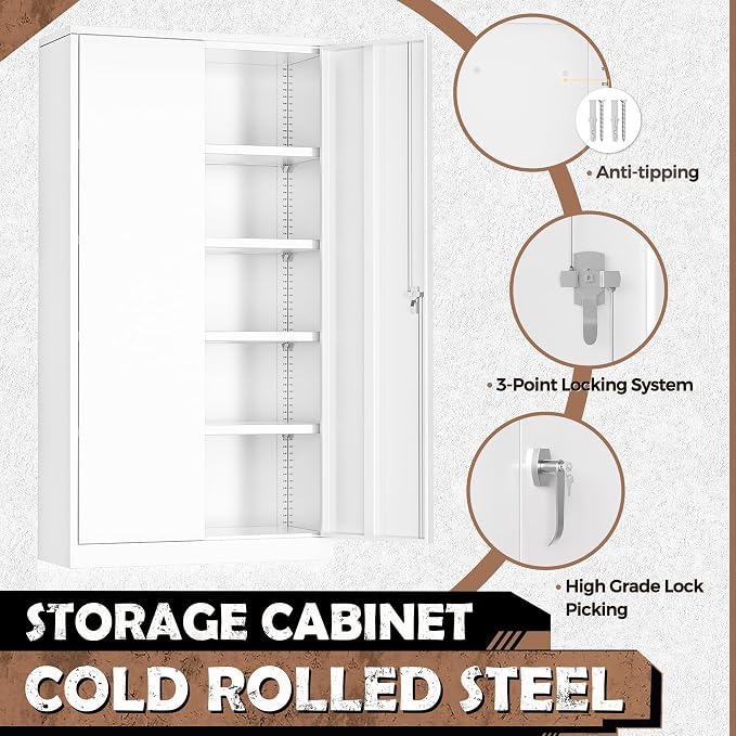 Metal Lockable Storage Cabinet, 72” H Storage Cabinets with 2 Doors and 4 Adjustable Shelves for Office, Home, Garage, Pantry (Assembly Required, White)