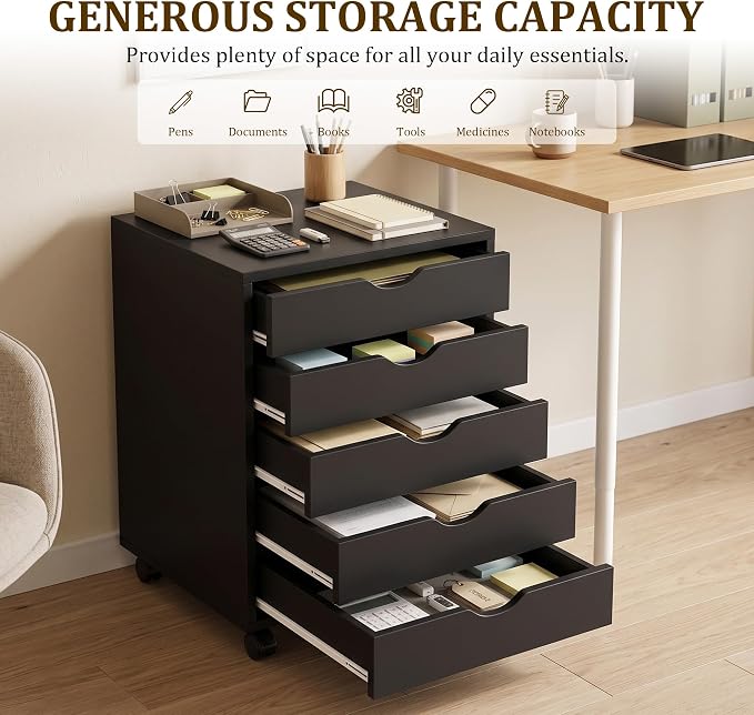 5 Drawer File Cabinet with Wheels, Under Desk Storage Drawers, Black | 5 Drawers File Cabinet with Wheels for Under Desk Storage, Office Organization and Small Printer Stand
