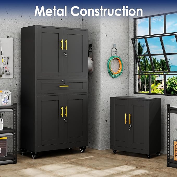 erosoei 75" H Metal Garage Storage Cabinet, Rolling Tool Cabinet with 2 Doors and Wheels, Locker Steel Cabinet with 4 Adjustable Shelves and Drawer, Organization Cabinet for Garage,Office,Gym