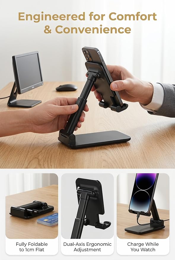 Phone Stand for Desk Cell Phone Holder Stands for iPhones, Black | Mini, Cute, Portable, Fully Foldable, Under 8" Devices, All Smart phones, Office Accessories