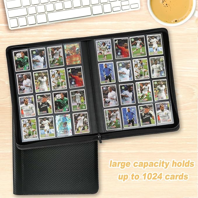 16 Pocket Ringless Side Loading Trading Card Binder, 1024 Cards PU Fixed Page Zipper Card Album for TCG Sports Game Cards, Not Fit Top Loaders (Carbon Black)