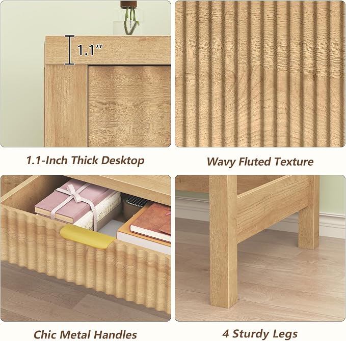 47 Inch Small Fluted Computer Desk with 2 Drawers for Bedroom, Home Office | Small Computer Desk with Storage, Compact Writing Study Desk for Small Spaces, Oak