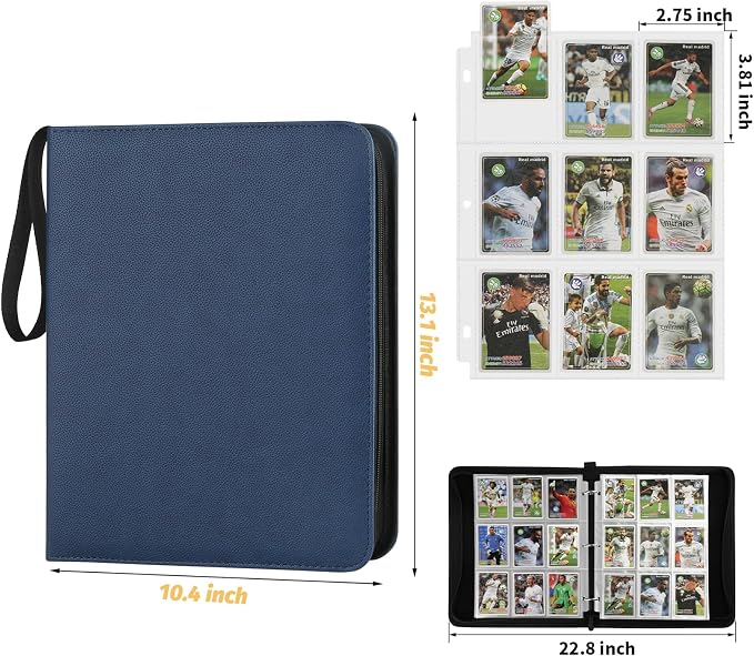 GERMUN 3 Ring 9 Pocket Zipper Card Binder, 720 Double Sided Standard PU Trading Card Album Folder for TCG & Sports Cards, Not Fit Top Loaders (dark blue)