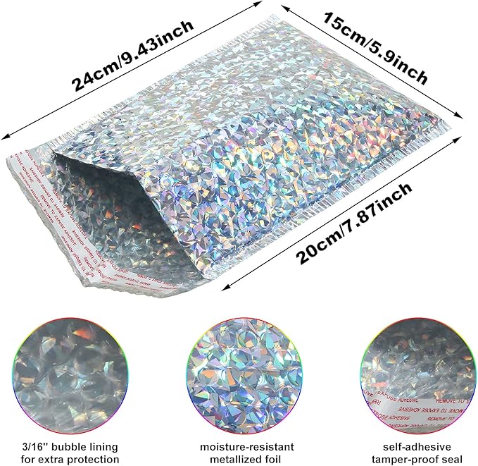 30 Pieces Holographic Bubble Mailers Padded Mailer Holographic Bubble Mailers Padded Envelopes Self Sealing Cushion Envelopes for Mailing, Shipping and Packing(Silver, 9.5 x 6 Inch)
