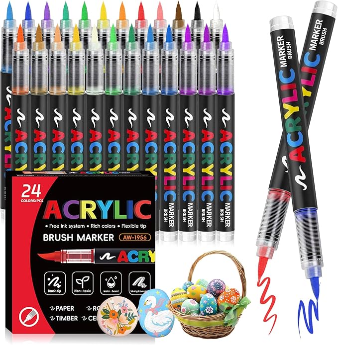 Acrylic Brush Markers,24 Colors Acrylic Markers for Coloring Books,Professional Paint Markers for Wood,Paper,Plastic,Glass,Fabric,Automatic Ink Control marcadores acrílicos (24 Colors)