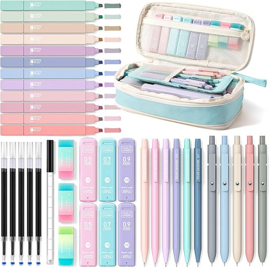 Four Candies School Supplies with Cute Pencil Case, 39ct, Blue | Back to School Stationery Set, Essentials for College & Nursing Students, 5 Gel Pens, 6 Mechanical Pencils, 12 Highlighters