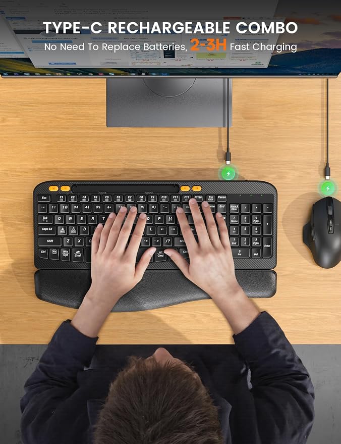 Ergonomic Wireless Keyboard and Mouse Combo with Wave Key | Leather Soft Palm Rest, Rechargeable, 4-Level DPI, Phone Holder, 2.4GHz, MA22 Plus Full Size Set for PC, Laptop, Windows, Mac