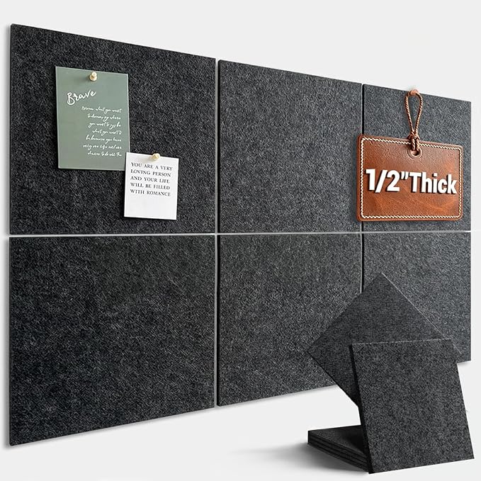 36" x 24" Large Felt Bulletin Board 1/2" Thick, Dark Gray | 6 Pack Felt Tiles, Cork Board Alternative, 30 Adhesive Tabs, Pin Board for Home Office Decor with Easy Install