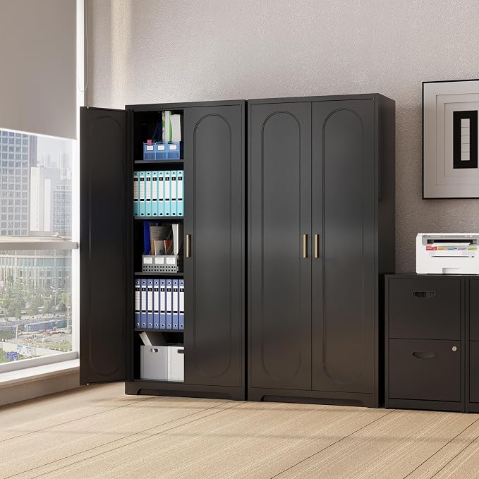 Steeloong 71"Metal Pantry Storage Cabinet with Doors & 4 Adjustable Shelves | Kitchen Pantry Cabinet,Black Kitchen Cabinet with 2 Gold Handles,Tall Cabinet for Livingroom,Pantry, Bathroom,Kitchen