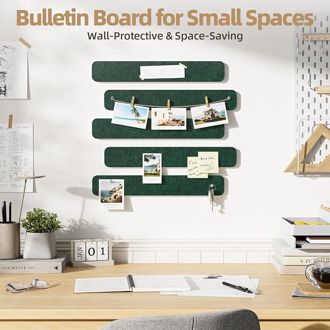 10 Pack 13"x2" Cork Board Strip with Removable Adhesive Squares & Push Pins | Pin Board Alternative Felt Strip Bulletin Board, Felt Board for Photo & Note Display, Home Office Decor - Pine Green