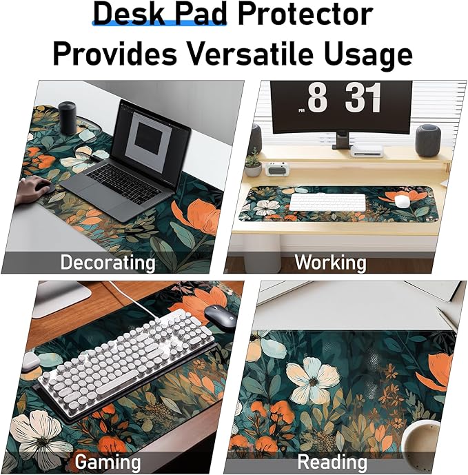Floral Plant Mouse Pad, Non-Slip Rubber Base Stitched Edges, Large Gaming Mouse Pad for Laptop, Computer, Keyboard, 31.5 x 11.8 Inch, Desktop Decor