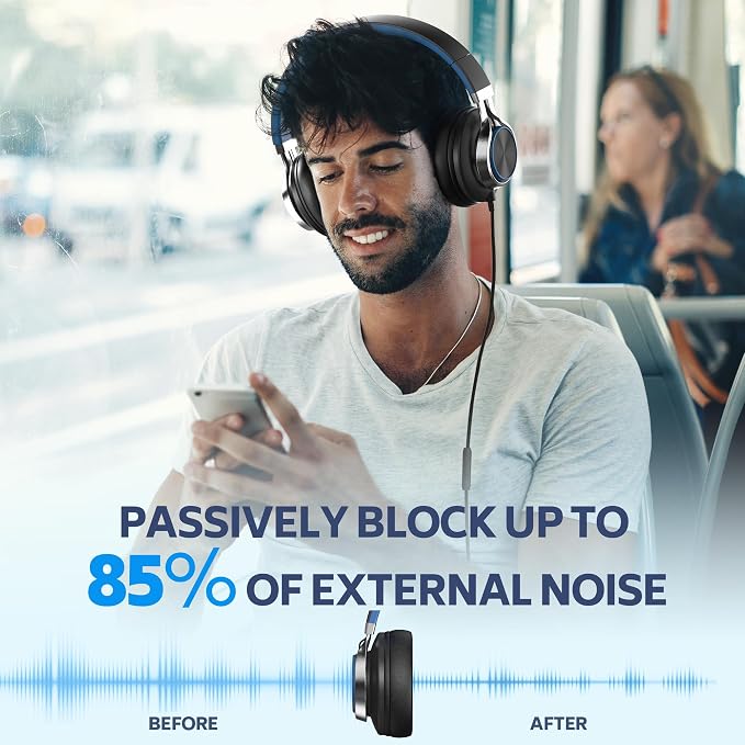 AC01 Over-Ear Headphones Wired with Mic Volume Control, Black Blue | Passive Noise Isolating Corded Stereo Headsets for Adults Teens Kids 3.5mm for School, Chromebooks, Laptop, Tablets, Travel