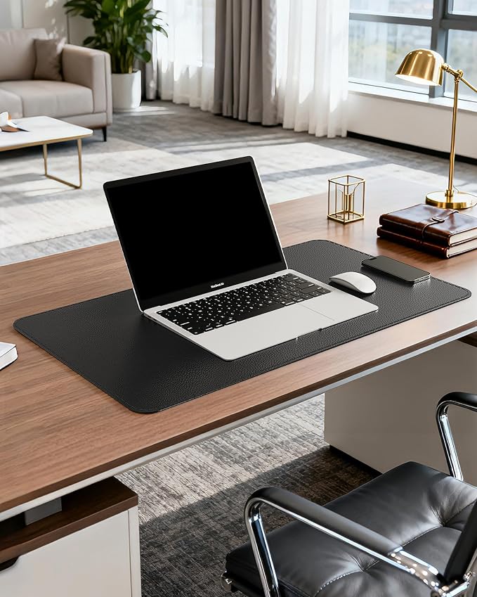YSAGi Genuine Leather Desk Mat, 23.6"x13.8" Office Desk Pad, Thick Desk Pad Mat with Stitched Line, Non-Slip Desk Mat with Rubber Base (Black, 23.6"x13.8")