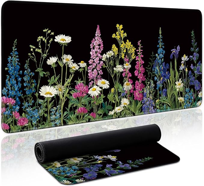 Aesthetic Desk Mat, Cute Starlit Floral Desk Pad Protector for Work & Decor, 31.5" x 11.8", Pretty Non-Slip Extended Mouse Pad for Office or Home