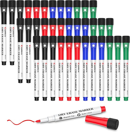 Comix Dry Erase Markers Magnetic, Whiteboard Markers, 36 Count 4 Colors | Fine Tip, with Eraser Cap, Low Odor, 36 Bulk Value Pack, Suitable for Kid, Teacher, Classroom, Office, School Supplies