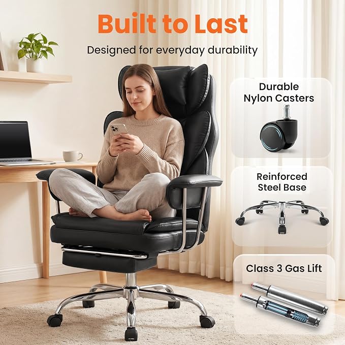 NEO CHAIR Big & Tall Leather Office Chair, High Back, Lumbar Support, Black | Gaming Chair for Adults and Computer Use, Reclining Office Chair with Foot Rest, Massage, Comfy Design and Heavy Duty Support