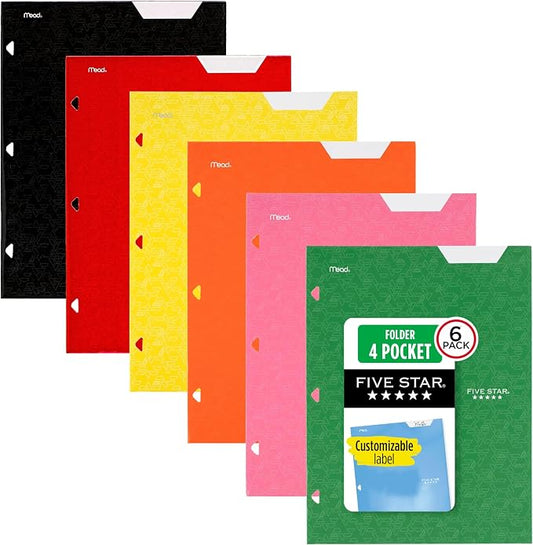 Five Star 4-Pocket Folder,Paper Folder,Fits 3-Ring Binders,Holds 8-1/2" x 11" Paper,Assorted Colors (38056),6 Count (Pack of 8)