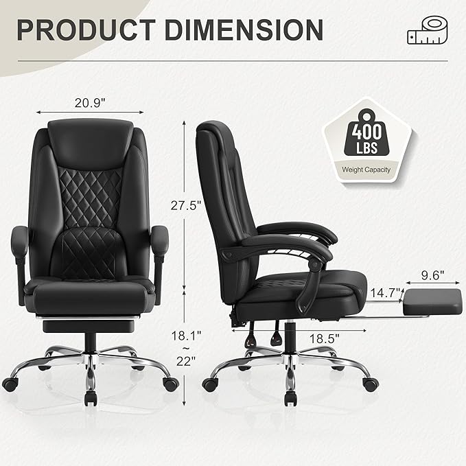 Homall Executive Home Office Chair with Lumbar Support,400lbs Adjustable Ergonomic High Back Office Chair Reclining Managerial Chair for Home Office (Black)