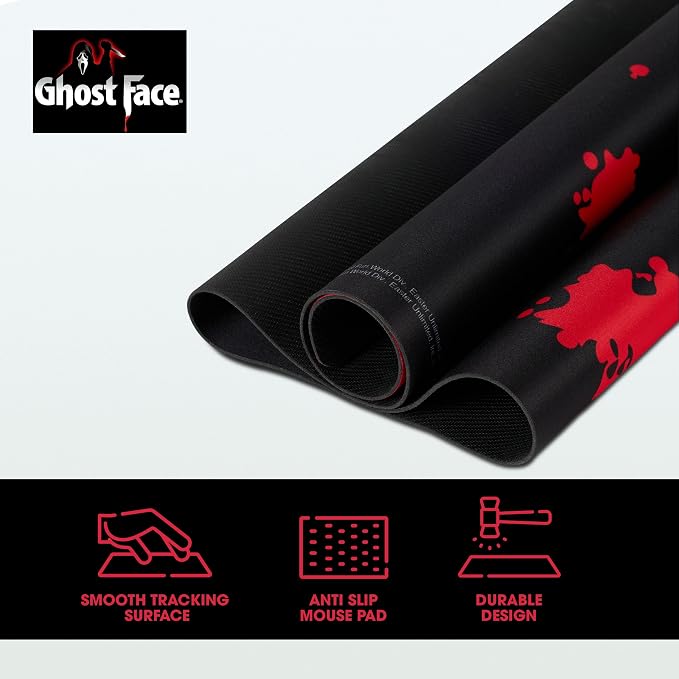 Ghost Face Large Gaming Mouse Pad 31"x15" XL Computer Desk Mat, Anime | Ghost Face anime gaming mouse pad, Oversized 31x15in smooth fabric top, stitched edges, non-slip rubber base.