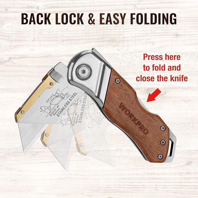WORKPRO Folding Utility Knife with Belt Clip and Extra 10-piece Blades, Wood Handle Heavy Duty Cutter, Quick-change & Back Lock