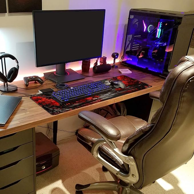 Long Gaming Mouse Pad Extended Anime Large Desk Pad with Non-Slip Base Full Keyboard Mat with Stitched Edges for Gaming and Office 31.5 x 11.8 inches (Dark Full Moon)