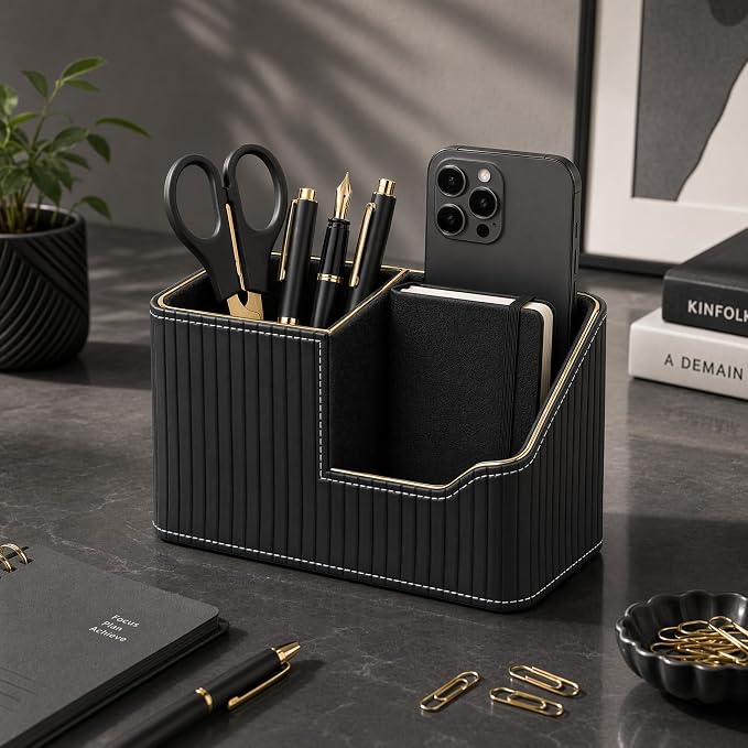 Luxury Black PU Leather Desk Organizer with Gold Trim, Premium Pen Holder for Desk Accessories, Modern Office Supplies Organizer for Home Office Desk Decor