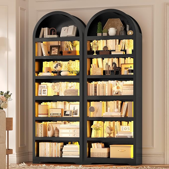 79.4"Tall Arched Cabinet,Bookcase with storage,Mid-Century Modern 7-Tier Bookshelf with RGB Light,2 Book Risers,Adjustable Shelf offering more space for Living Room,Kitchen,Home Office (Black)