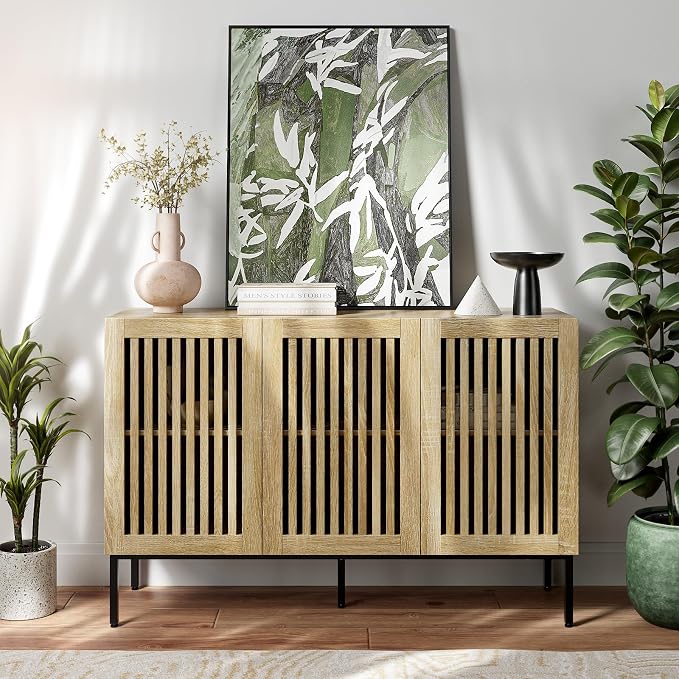 BVIUNTWO Buffet Cabinet with Storage,47" Farmhouse Console Table with Metal Base and Adjustable Shelves,Sideboard Coffee Bar Cabinet with 3 Doors for Kitchen,Dining Room,Living Room,Oak