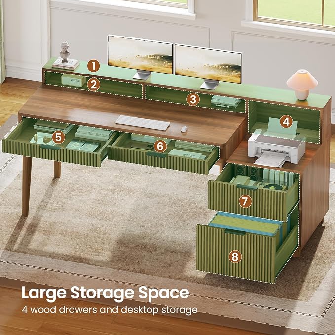 SEDETA Modern Office Desk with 4 Drawers, 59" Fluted Gaming Computer Desk with Storage, LED Lights and Power Strip, Wood Writing Desk Study Table for Home Office, Living Room, Bedroom, Brown