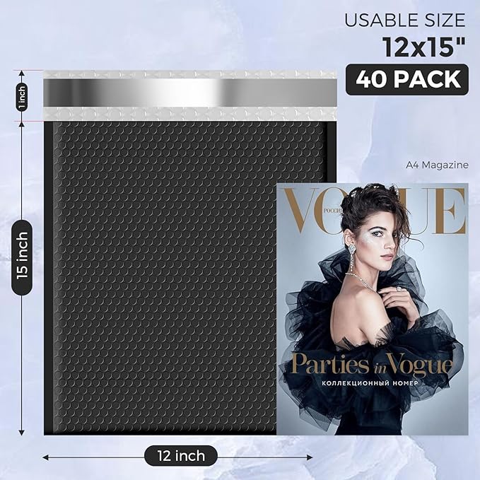 Metronic Large Bubble Mailers 12x15 Inch 40 Pack Waterproof Padded Envelopes Black Bubble Envelopes Opaque Cushioning Mailer for Shipping Clothes, Books,Jewelry Makeup Supplies