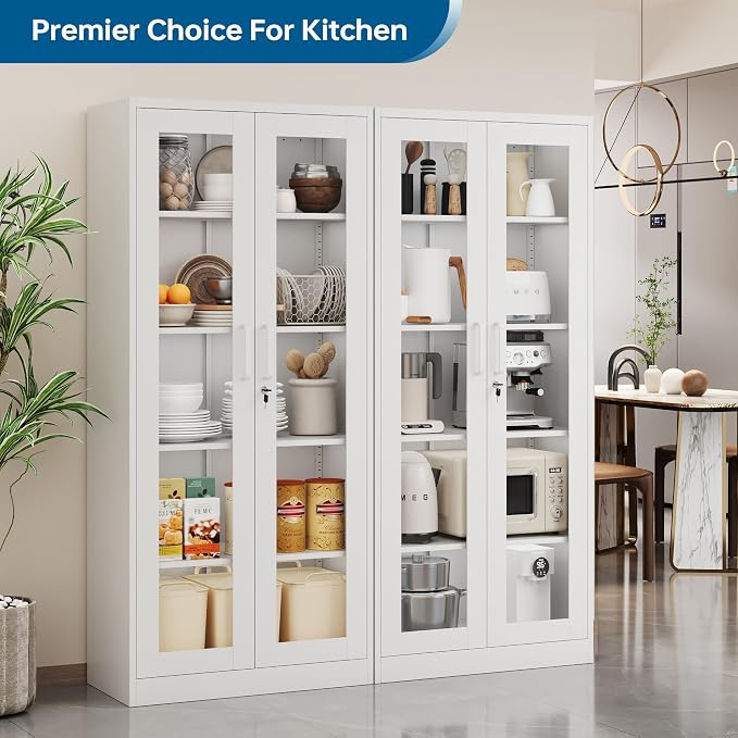 PEUKC Display Cabinet with Glass Doors, 71 Inches Metal Display Case with 4 Adjustable Shelves, Curio Storage Cabinet with Lock for Home, Office, Book, Pantry, Assemble Required (White)